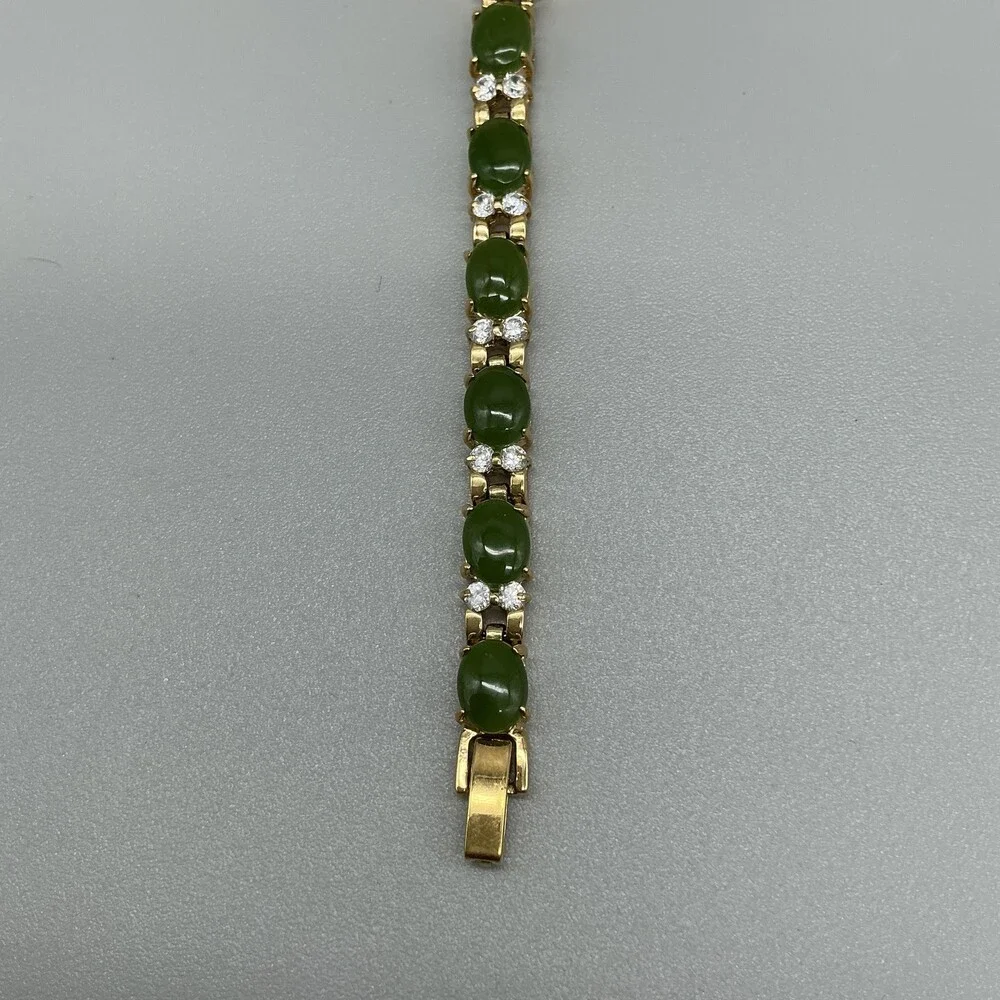 HMI Womens Watch 22mm MOP Gold Tone Green Stone Bracelet New Battery 7.25